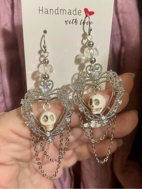 Hand Crafted Silver Filigree Heart Earrings with Skull Charm OOAK